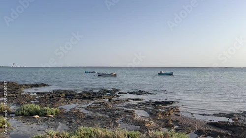 Fishing boats rest along the quiet shoreline of Djerba in Tunisia. The blue sky reflects on calm waters, providing a peaceful scene of seaside life and fishing activity.