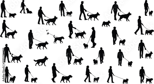 Man walking dog silhouettes collection, people walking pets on leash in different poses, daily outdoor activity black vector illustration isolated on white background