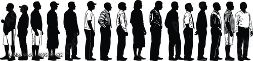 Men silhouettes standing in line set showing different body types and outfits, male crowd profile illustration, black vector collection isolated on white background