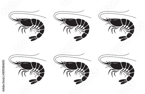 Shrimp icon vector illustration set isolated on white background depicting marine life and seafood industry