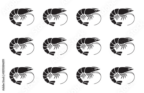 Shrimp icon vector illustration set isolated on white background depicting marine life and seafood industry