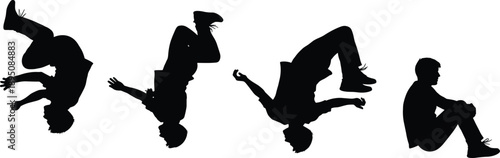 Parkour and acrobatics silhouette sequence, man performing flips and jumps, dynamic urban movement illustration isolated on white background, vector style sports concept