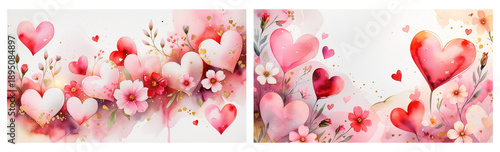 Romantic watercolor heart with flowers and golden ribbon for wedding invitations, Valentine’s Day and love themed designs.
