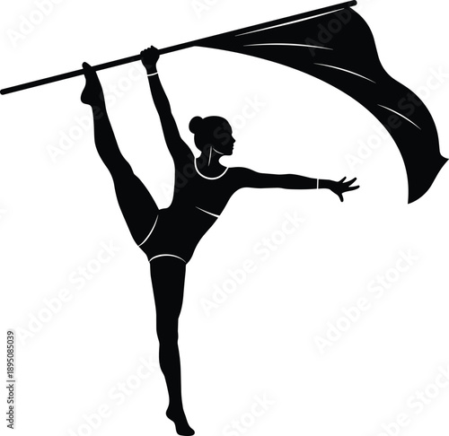 Rhythmic gymnastics silhouette with flag, elegant female dancer performing flexibility pose, artistic sport illustration, black vector isolated on white background