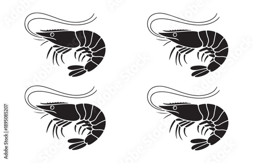 Four shrimp icons in a grid on white background, vector graphics, stylized sea creatures, culinary theme elements