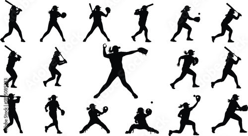 Softball player silhouettes set showing batting, pitching, catching and running actions, female athlete sports illustration, black vector collection isolated on white background