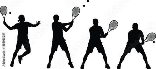 Tennis players silhouettes illustration, athletes performing forehand backhand serve actions, competitive racket sport training poses, athletes performing forehand backhand serve actions