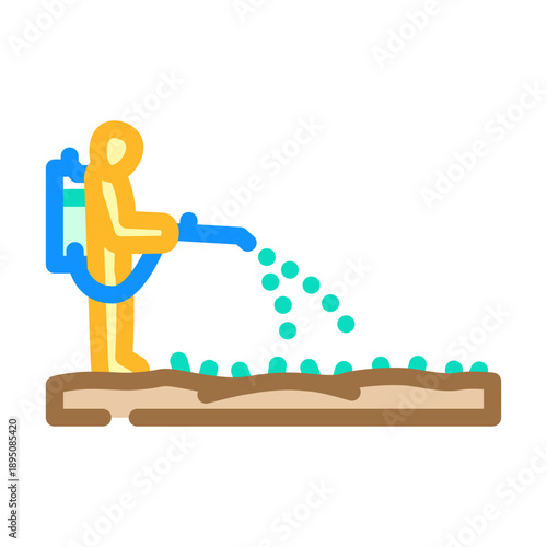 Farmer wearing a hazmat suit and backpack sprayer applying chemicals to protect young plants in an agricultural field, providing pest control and promoting growth