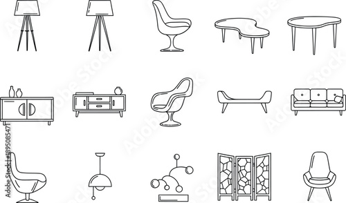 A collection of minimalist black and white line art drawings of mid-century modern furniture items