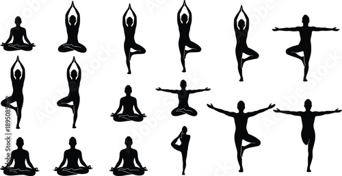 Yoga pose silhouettes set showing meditation, balance and flexibility exercises, peaceful wellness practice illustration, black vector collection isolated on white background