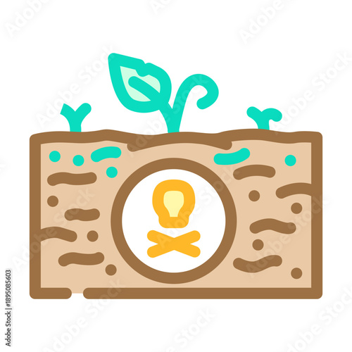 Soil contaminated with a skull and crossbones warning sign indicating danger and toxicity, affecting the health and growth of a young visible plant sprouting from the earth