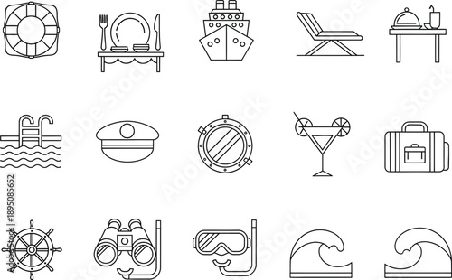 A collection of outline vector icons representing a cruise ship vacation and maritime leisure.