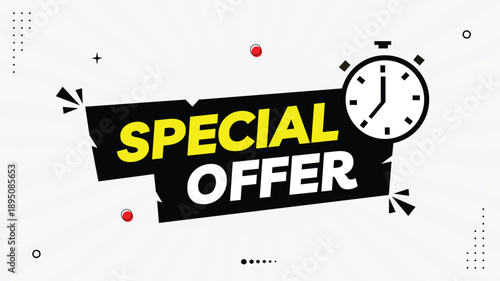 Special Offer Sale Banner with Clock Element, Shape Templates – Yellow, Black & White Gradient Background
