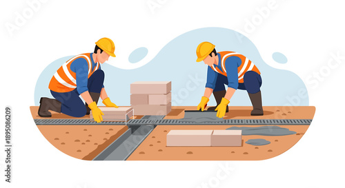 Construction workers laying bricks and building pavement outdoors.