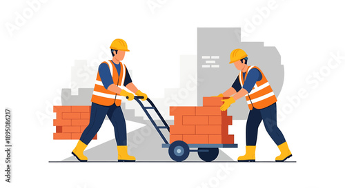 Construction workers moving bricks on a cart.