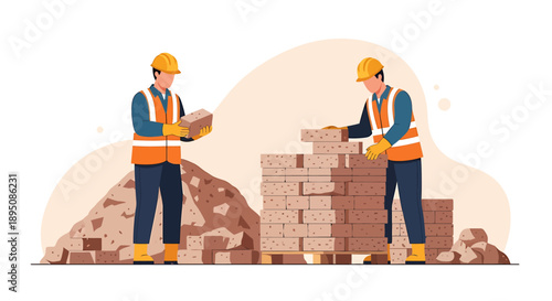 Construction workers building with bricks on site.