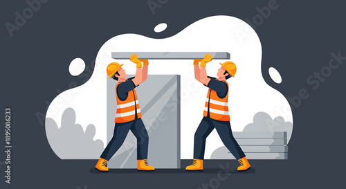 Construction workers installing a large panel together on a site.