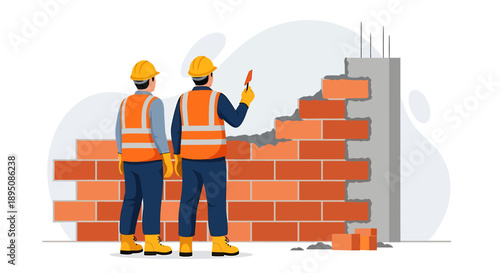 Two construction workers building a brick wall together.