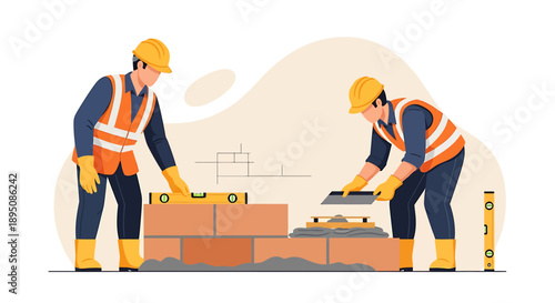 Two construction workers building a brick wall together.