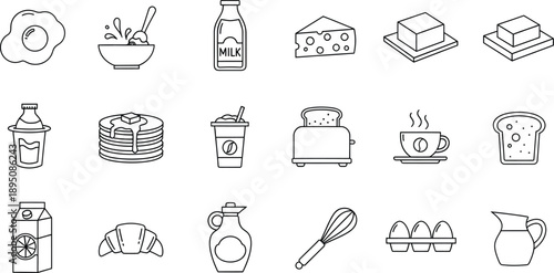 Black and white line icons of various popular breakfast items and kitchen equipment