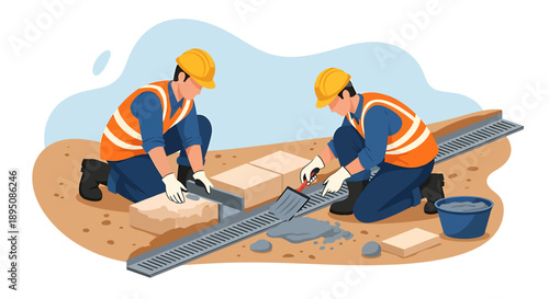 Construction workers installing metal beams on a site.