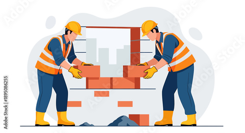 Two construction workers building a brick wall together.