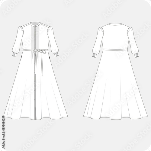 Women’s shirt dress with mandarin collar, Technical Flat — Complete CAD Template, Light-weight woven and pintuck detailings