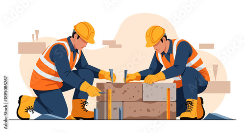 Two construction workers building a brick wall together.
