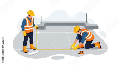 Construction workers measuring and marking a building site.
