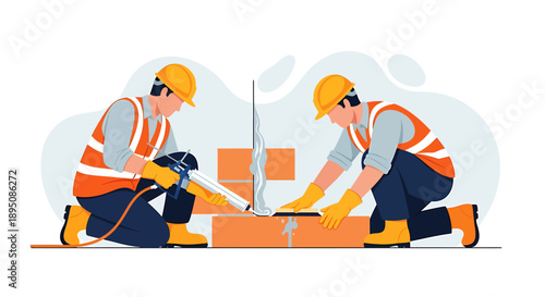Two construction workers building a brick wall together.