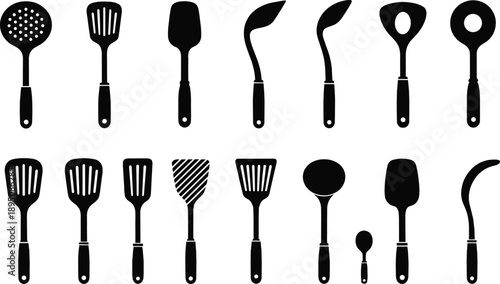 Black silhouette collection of diverse kitchen utensils including spatulas, ladles, slotted spoons, cooking tools, culinary design concept, food preparation illustration