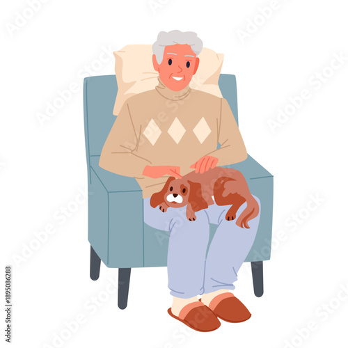 Dogs therapy, love and care for old people, assistance in retirement. Happy elderly man in slippers and sweater sitting in comfortable home chair with adorable puppy on lap cartoon vector illustration