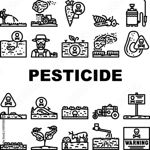 Agricultural workers applying pesticides and warning signs highlighting the risk of chemicals and toxins contaminating soil, crops, and the environment