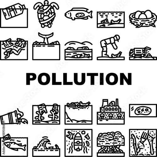 Environmental pollution icon set showing plastic filled oceans, harmed marine life, air and oil pollution, land contamination, and cleanup and conservation efforts for ecosystem protection