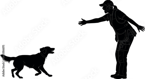 Silhouette of Female Professional Dog Trainer or Owner Greeting a Golden Retriever Dog; Canis lupus familiaris Canine Obedience and Pet Care Concept.