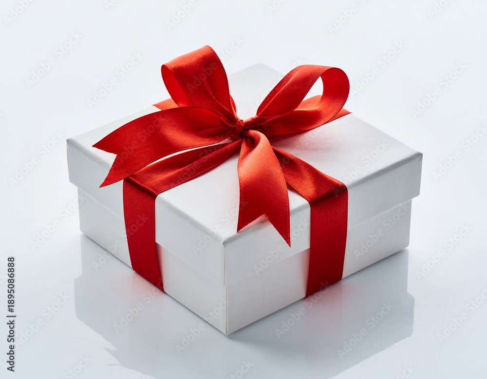 Fototapeta premium White Gift Box with Red Ribbon Bow Isolated on White Background Holiday Present Packaging Celebration Concept