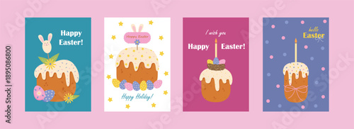 Cute Easter greeting cards with cakes, eggs and bunny