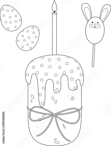 Cute Easter cake coloring page with bunny and eggs