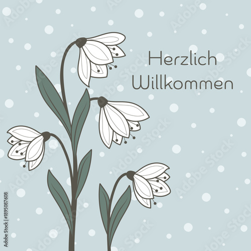 Herzlich Willkommen - Schriftzug in deutscher Sprache. Quadratische Grußkarte mit hübschen weißen Blumen.