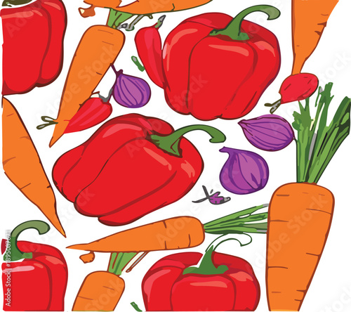 Seamless vegetable pattern vector illustration with red bell peppers, carrots and onions in colorful hand drawn style