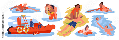 Rescue scenes with drowning people set. Man in life jacket and woman rescuer swimming, holding victim to swim to beach, girl giving heart massage, rescuers in red boat cartoon vector illustration