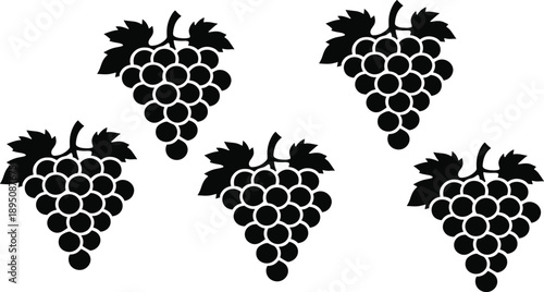 Set of black grape cluster silhouettes isolated on white background, minimal fruit icons for logo, packaging, food design
