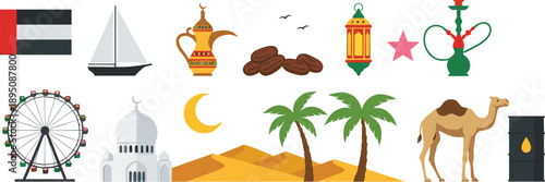 United Arab Emirates culture and landmarks vector illustration set with Dubai architecture, desert symbols, travel icons, and traditions