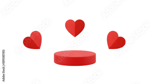 Red Valentine Hearts Floating Around Empty Podium, Romantic Celebration Concept