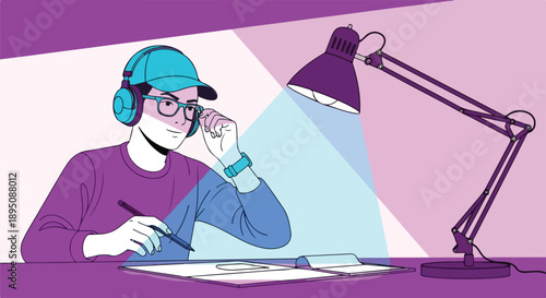 Young man with headphones and cap working on a digital tablet at a desk with a lamp, focused on creative design or illustration in a modern flat vector style.