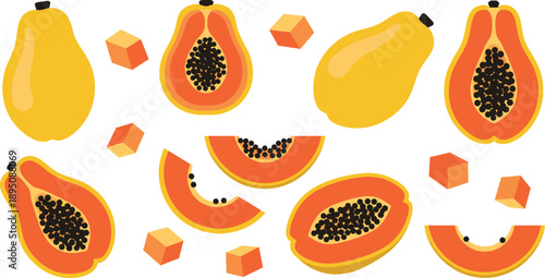 Papaya Fruit Flat Vector Illustration Set with Whole Sliced and Cut Pieces Isolated on White Background