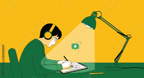 Young man wearing headphones focused on drawing or studying at a desk under a bright lamp, illustrating concentration and creative work.