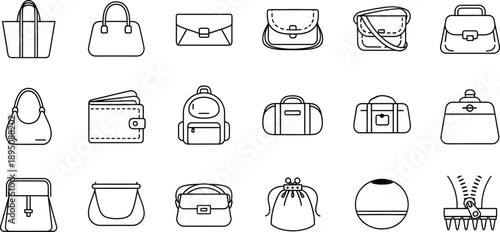A collection of minimalist line icons representing various types of bags and accessories