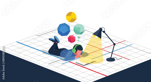 Isometric illustration of a person with headphones relaxing, generating creative ideas under a lamp, symbolizing focus, imagination, and modern digital learning.