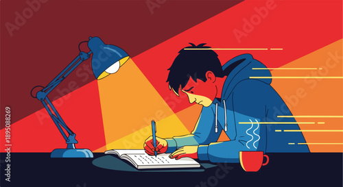 Focused young person studying late at night under a desk lamp, diligently writing in a notebook with a coffee mug nearby.